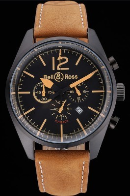 Bell and Ross BR126 Flyback Black Dial Black Case Gold Numerals Brown Suede Leather Strap Replica Bell And Ross