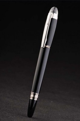 Black Top Quality MontBlanc Silver Trimmed Thick Rounded Black Enamel Ballpoint Pen With MB Engraved Cap 5032 Replica Pen