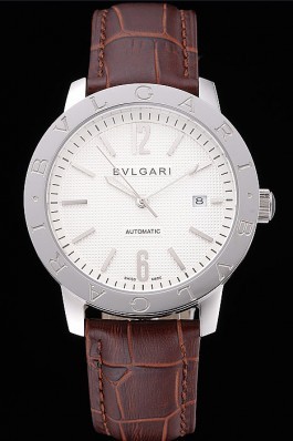 Bvlgari Novelties White Dial Silver Case Brown Leather Strap  Bvlgari Replica Watch