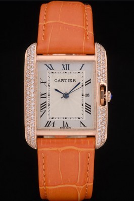 Cartier Tank Anglaise 30mm White Dial Diamonds Gold Case Orange Leather Bracelet Cartier Replica