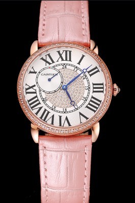 Cartier Ronde Louis Gold Diamond Case White Dial Pink Leather Bracelet 1454007 Cartier Replica