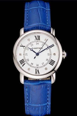 Cartier Ronde White Dial Diamond Hour Marks Stainless Steel Case Blue Leather Strap Cartier Replica