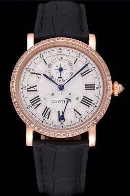 Cartier Rotonde White Dial Gold Case With Jewels Black Leather Strap 622760 Cartier Replica