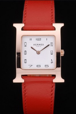 Hermes Heure H Rose Gold Bezel Red Leather Strap White Dial 80233 Hermes Replica Watches
