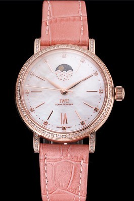 IWC Portofino Moon Phase Silver Dial Rose Gold Case Diamonds Bezel Pink Leather Strap Iwc Replica