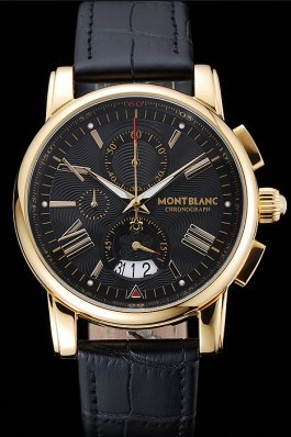 Montblanc Chronograph Black Dial Black Leather Bracelet Gold Case 1454112 Mont Blanc Watch Replica