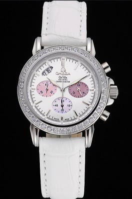 Omega De Ville Chronograph White Dial Stainless Steel Diamond Case White Leather Bracelet 622453 Omega Replica Watch