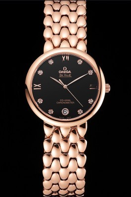 Omega De Ville Prestige Black Dial With Diamonds Rose Gold Case And Bracelet Omega Replica Watch