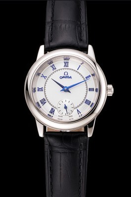 Omega De Ville Prestige Small Seconds White Dial Blue Numerals Stainless Steel Case Black Leather Strap Omega Replica Watch