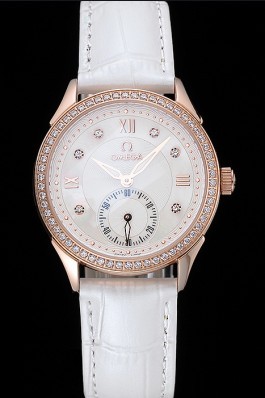 Omega DeVille Prestige White Dial Gold Diamond Case White Leather Bracelet 1454122 Omega Replica Watch