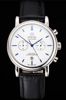 Omega Seamaster Vintage Chronograph White Dial Blue Hour Marks Stainless Steel Case Black Leather Strap Omega Replica Seamaster