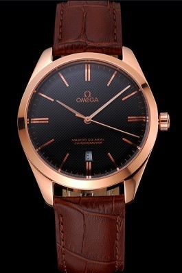Omega Tresor Master Co-Axial Black Dial Rose Gold Case Brown Leather Strap Omega Replica Watch