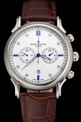 Patek Philippe Chronograph White Dial With Diamond And Blue Markings Stainless Steel Case Brown Leather Strap Fake Patek Philippe