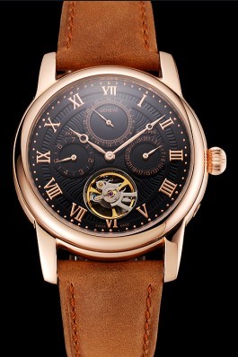 Patek Philippe Grand Complications Day Date Tourbillon Black Dial Rose Gold Case Brown Suede Leather Strap 1453814 Fake Patek Philippe