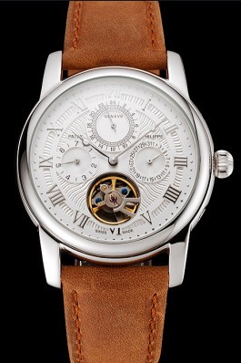 Patek Philippe Grand Complications Day Date Tourbillon Whie Dial Stainless Steel Case Brown Suede Leather Strap 1453817 Fake Patek Philippe