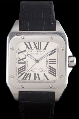 Swiss Cartier Santos Stainless Steel Bezel with Black Leather Strap 621524 Cartier Replica