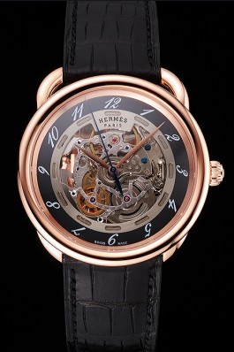Swiss Hermes Arceau Skeleton Black Dial Brown Hands Rose Gold Case Black Leather Strap Hermes Replica Watches