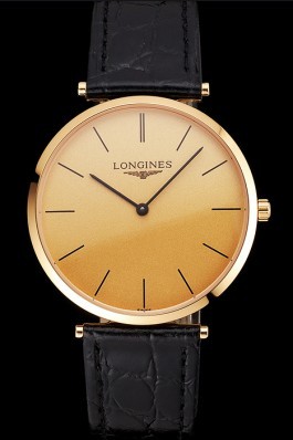 Swiss Longines Grande Classique Gold Dial Gold Case Black Leather Strap Longines Replica Watch