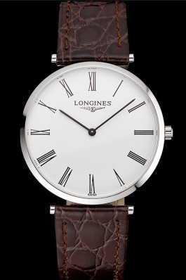 Swiss Longines Grande Classique White Dial Roman Numerals Stainless Steel Case Brown Leather Strap Longines Replica Watch