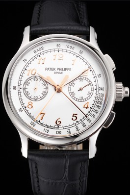 Swiss Patek Philippe Split Seconds Chronograph White Dial Rose Gold Hands Stainless Steel Case Black Leather Strap Fake Patek Philippe