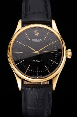 Swiss Rolex Cellini Black Dial Gold Markings Gold Case Black Leather Strap Replica Rolex