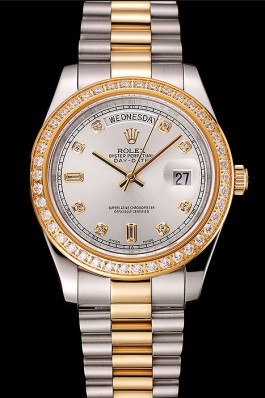 Swiss Rolex Day-Date White Dial Gold Diamond Case Two Tone Stainless Steel Bracelet 1453972 Rolex Replica Aaa