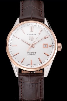 Swiss Tag Heuer Carrera Calibre 5 White Dial Rose Gold Case Brown Leather Strap Tag Heuer Replica