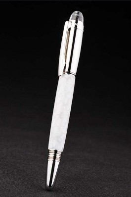 White Top Quality MontBlanc Slim Silver Rim White Enamel Ballpoint Pen With MB Engraved Silver Cap 4983 Replica Pen