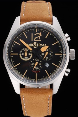 Bell and Ross BR126 Flyback Black Dial Silver Case Gold Numerals Brown Suede Leather Strap Replica Bell And Ross