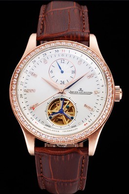 Jaeger-LeCoultre Master Tourbillon Dualtime White Dial Gold Case With Diamonds Brown Leather Strap 622782 Le Coultre Watch