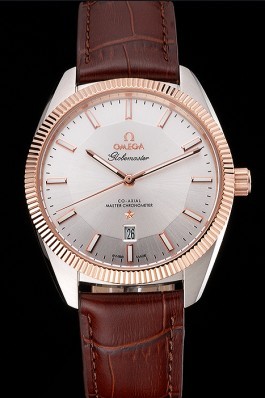 Omega Globemaster Silver Dial Rose Gold Bezel Stainless Steel Case Brown Leather Strap Best Omega Replica