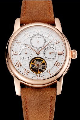 Patek Philippe Grand Complications Day Date Tourbillon White Dial Rose Gold Case Brown Suede Leather Strap 1453813 Fake Patek Philippe