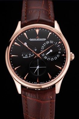 Swiss Jaeger LeCoultre Master Ultra Thin Reserve De Marche Black Dial Rose Gold Case Brown Leather Strap Le Coultre Watch