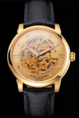 Swiss Patek Philippe Complications Openworked Dial Gold Case Black Leather Strap Fake Patek Philippe