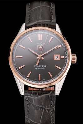 Swiss Tag Heuer Carrera Calibre 5 Gray Dial Rose Gold Case Black Leather Strap Tag Heuer Replica